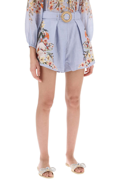 Zimmermann Lexi Tuck Linen Shorts With Floral Motif   Light Blue