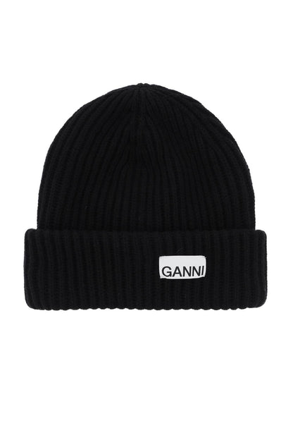 Ganni beanie hat with logo patch