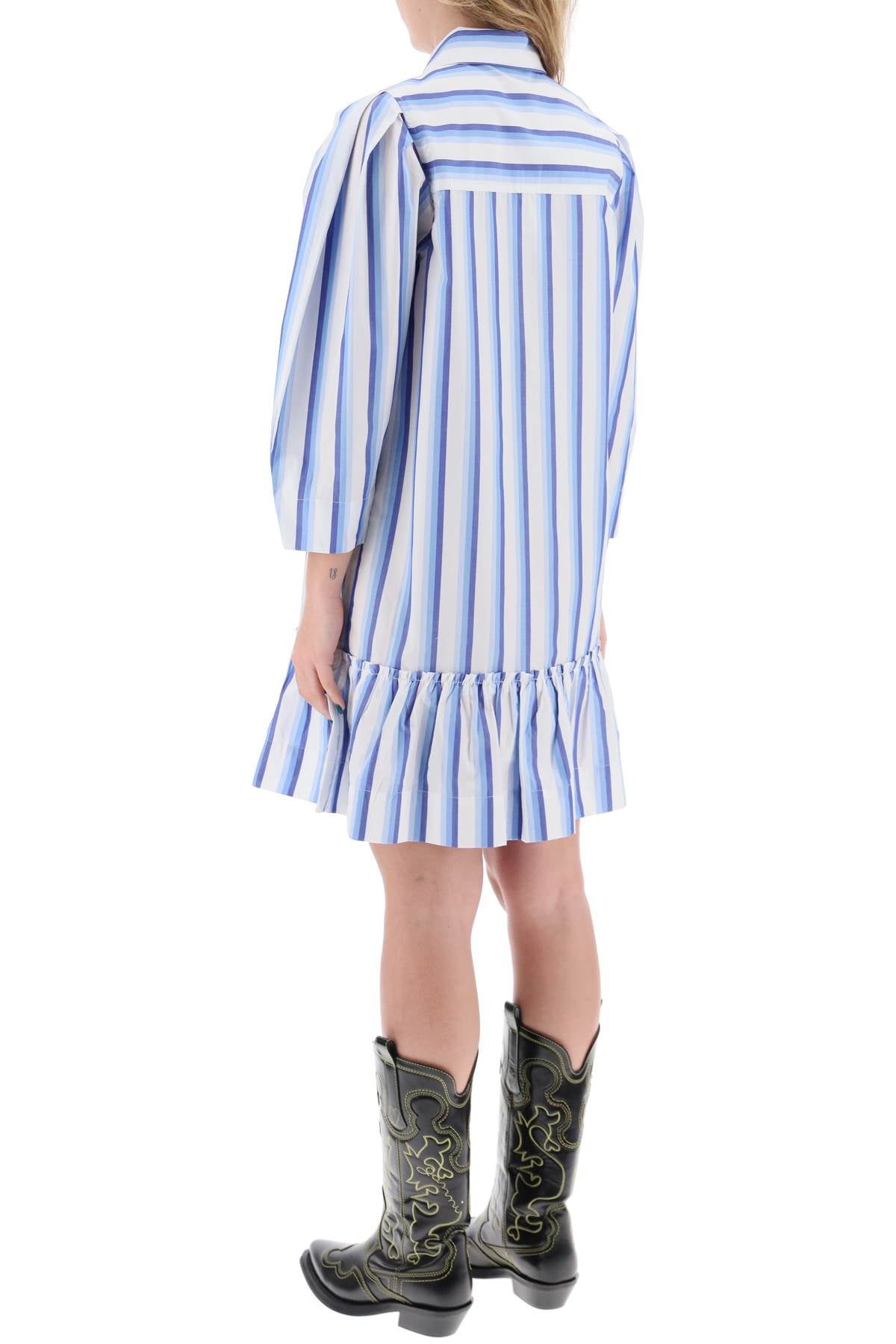 Ganni striped dress with ruffles.