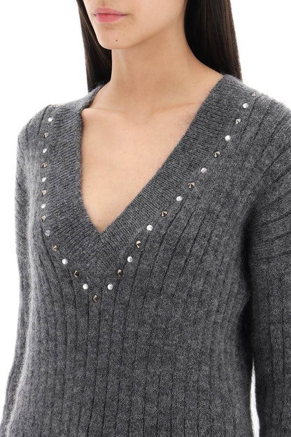 Alessandra Rich wool knit sweater with studs and crystals