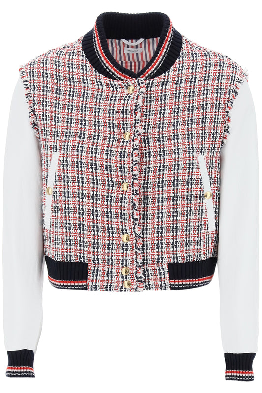 Thom Browne tweed bomber jacket with leather sleeves