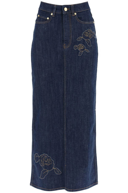 Ganni maxi denim skirt with pink embroidery