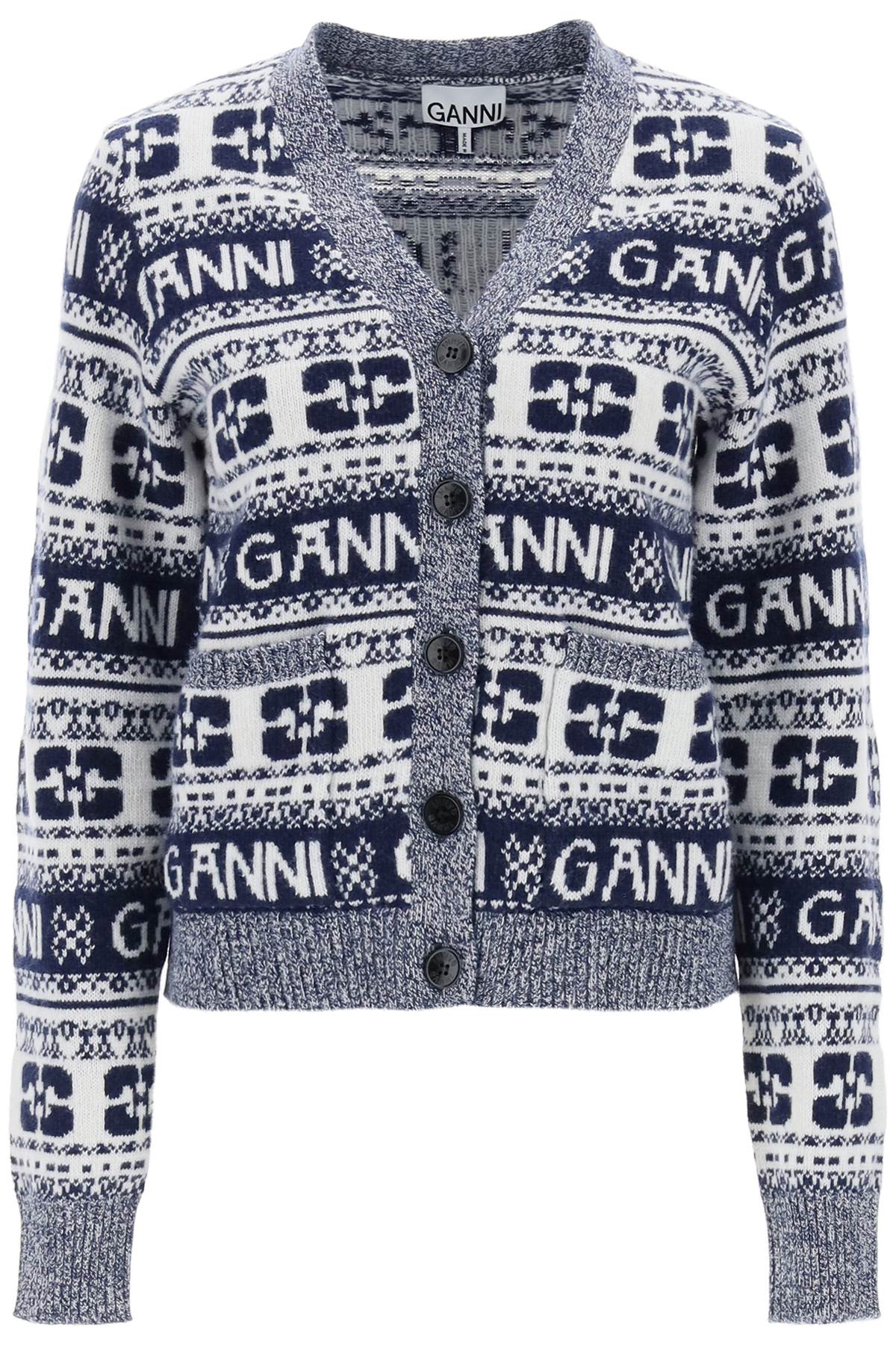 Ganni jacquard wool cardigan with logo pattern