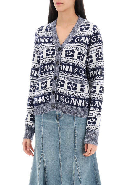 Ganni jacquard wool cardigan with logo pattern