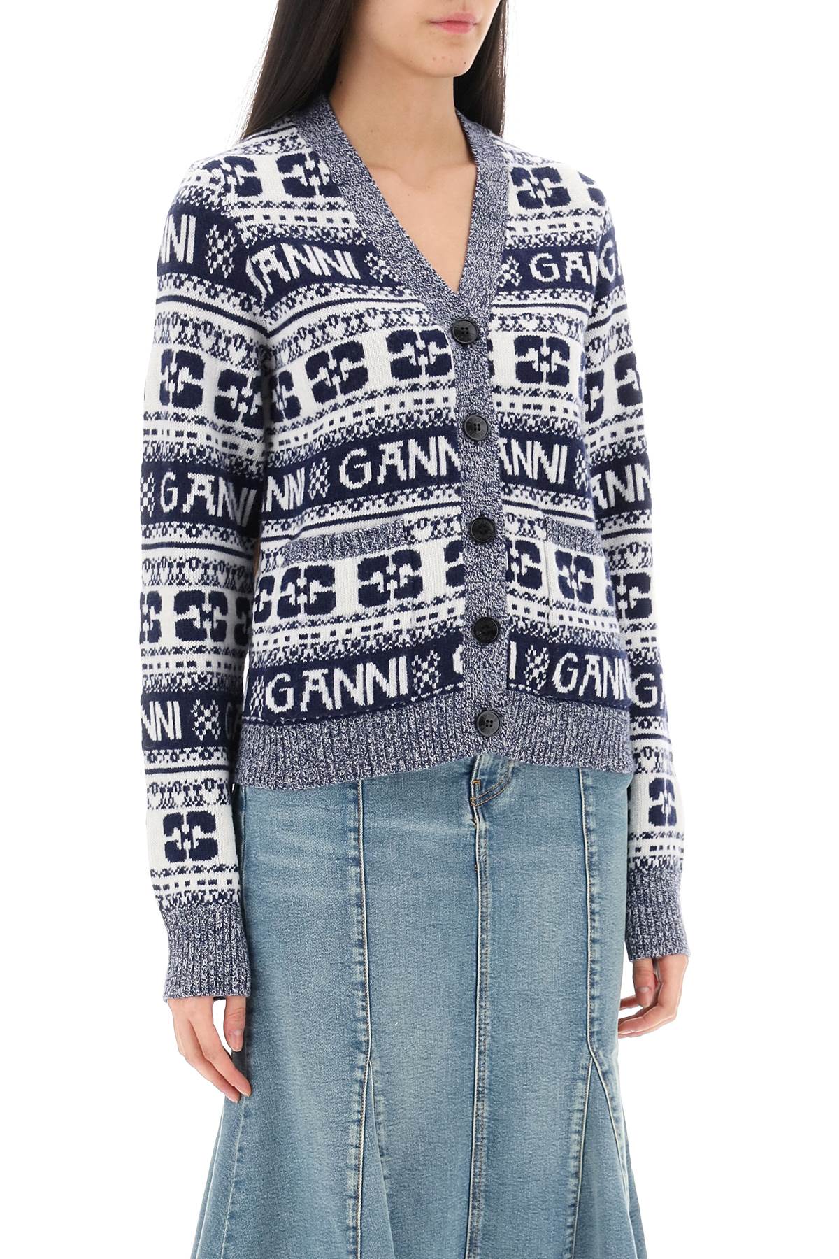 Ganni jacquard wool cardigan with logo pattern