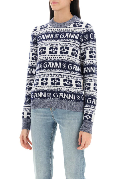 Ganni jacquard wool sweater with logo pattern