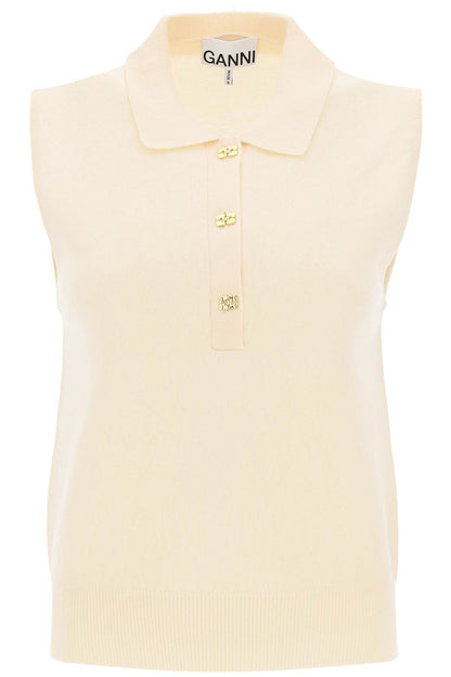 Ganni sleeveless polo shirt in wool and cashmere