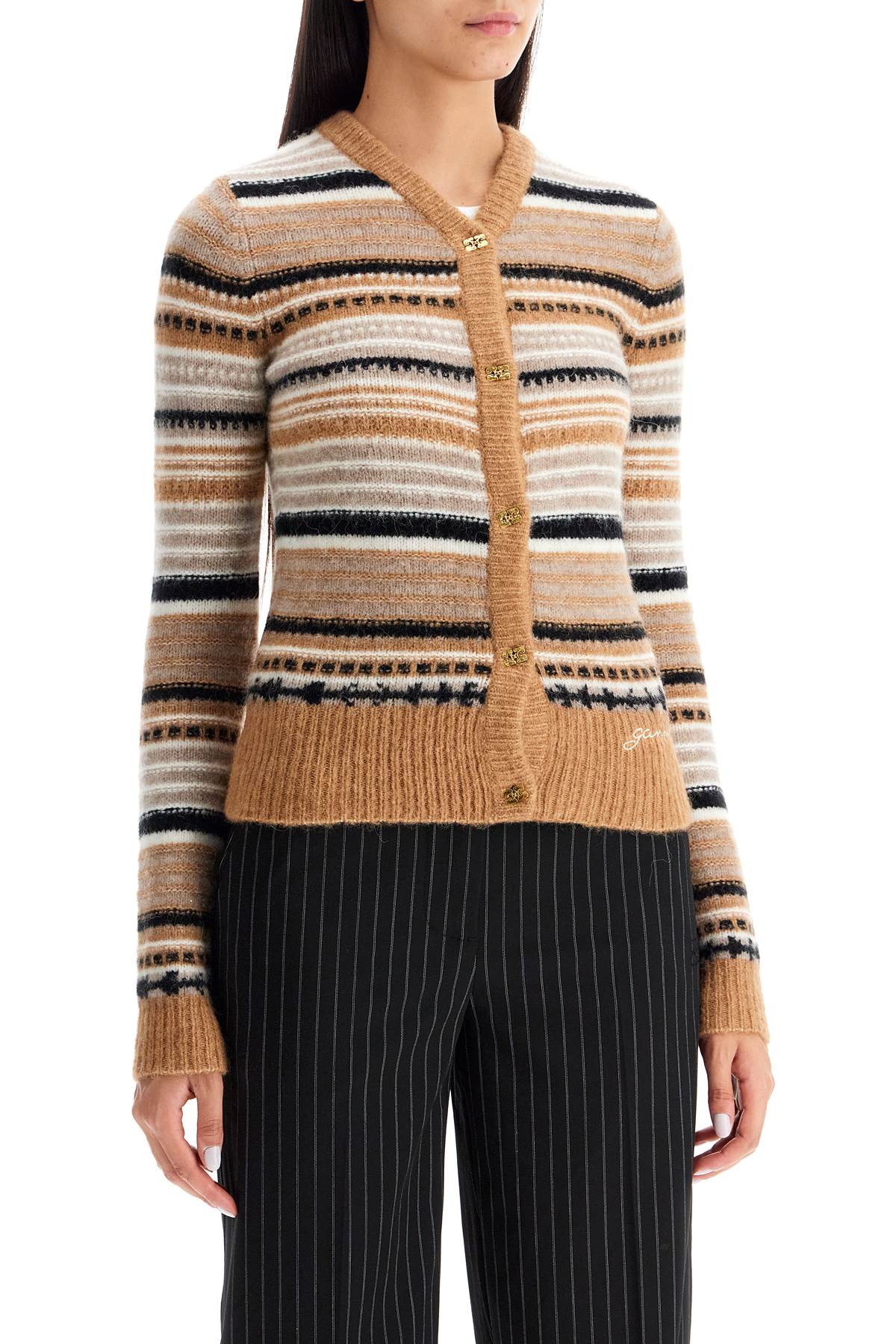 Ganni soft striped cardigan with fluffy