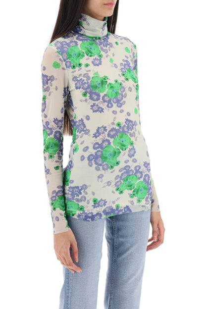 Ganni long-sleeved top in mesh with floral pattern