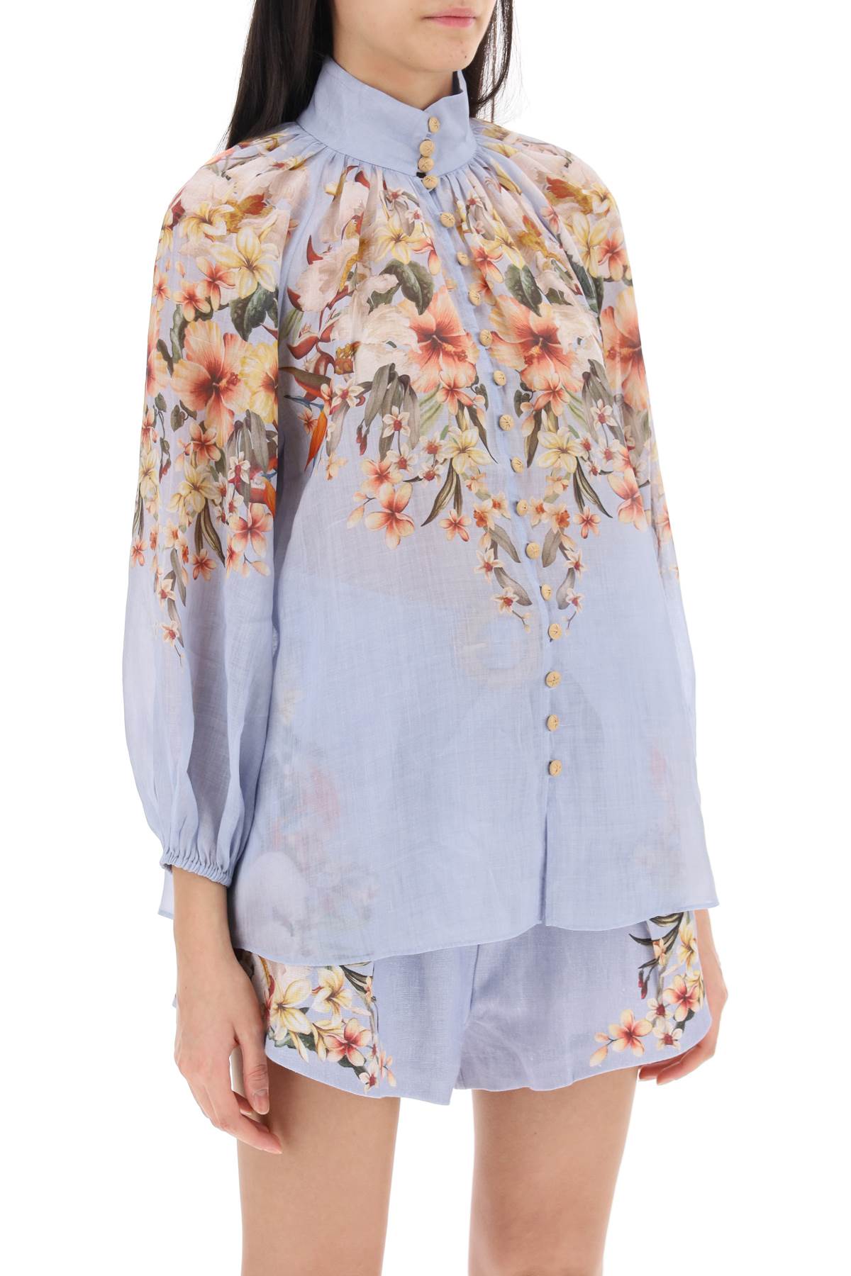 Zimmermann Lexi Billow Shirt With Floral Motif   Light Blue