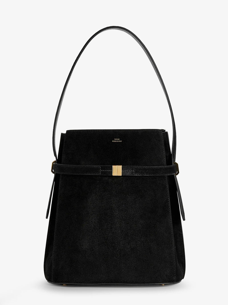 Belted suede bucket bag