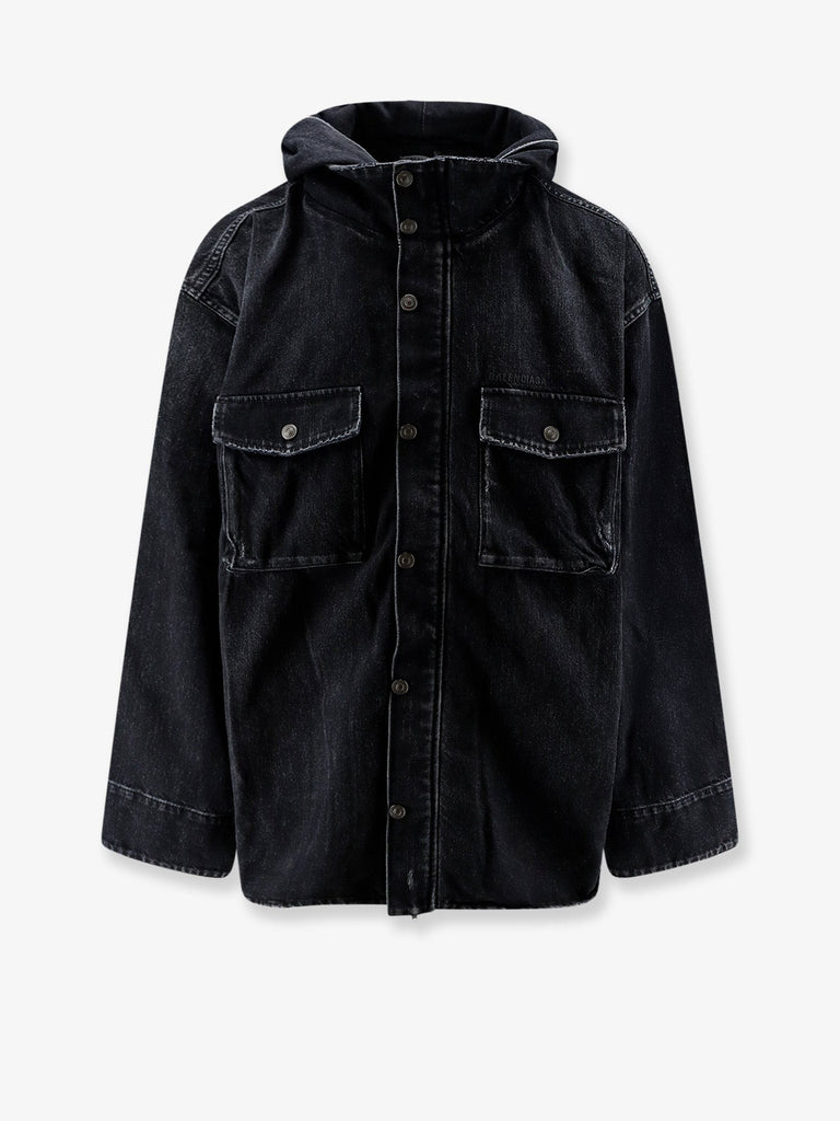 Black denim jacket with embroidered logo on the front