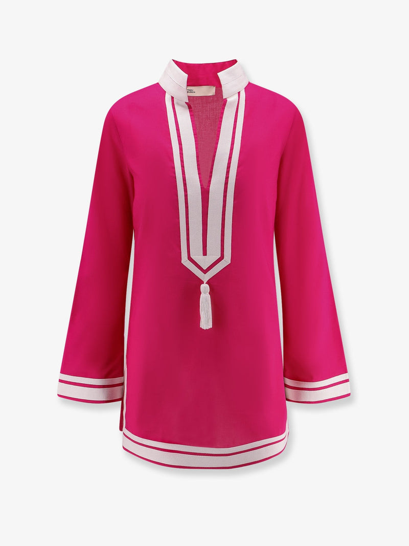 Cotton short dress with contrasting profiles