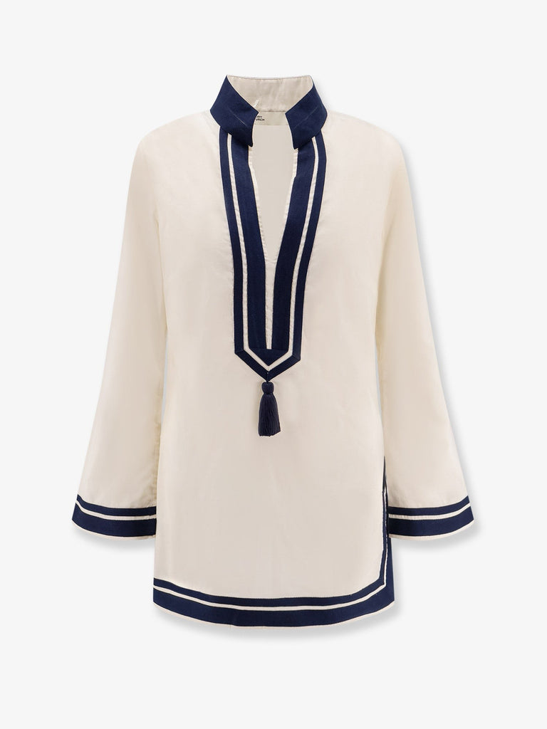 Cotton short dress with contrasting profiles