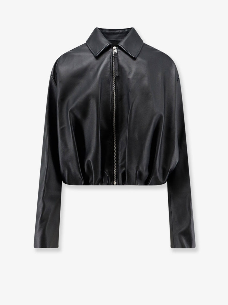 Cropped leather jacket with back logo patch