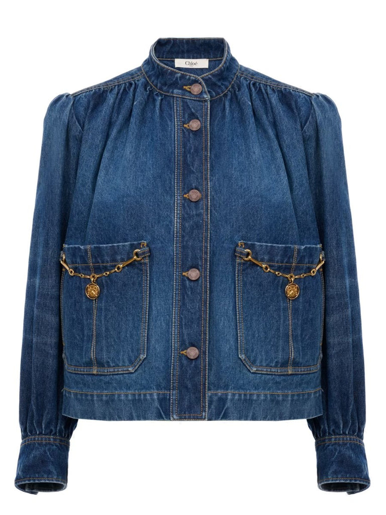 DENIM HIGH NECK GATHERED JACKET