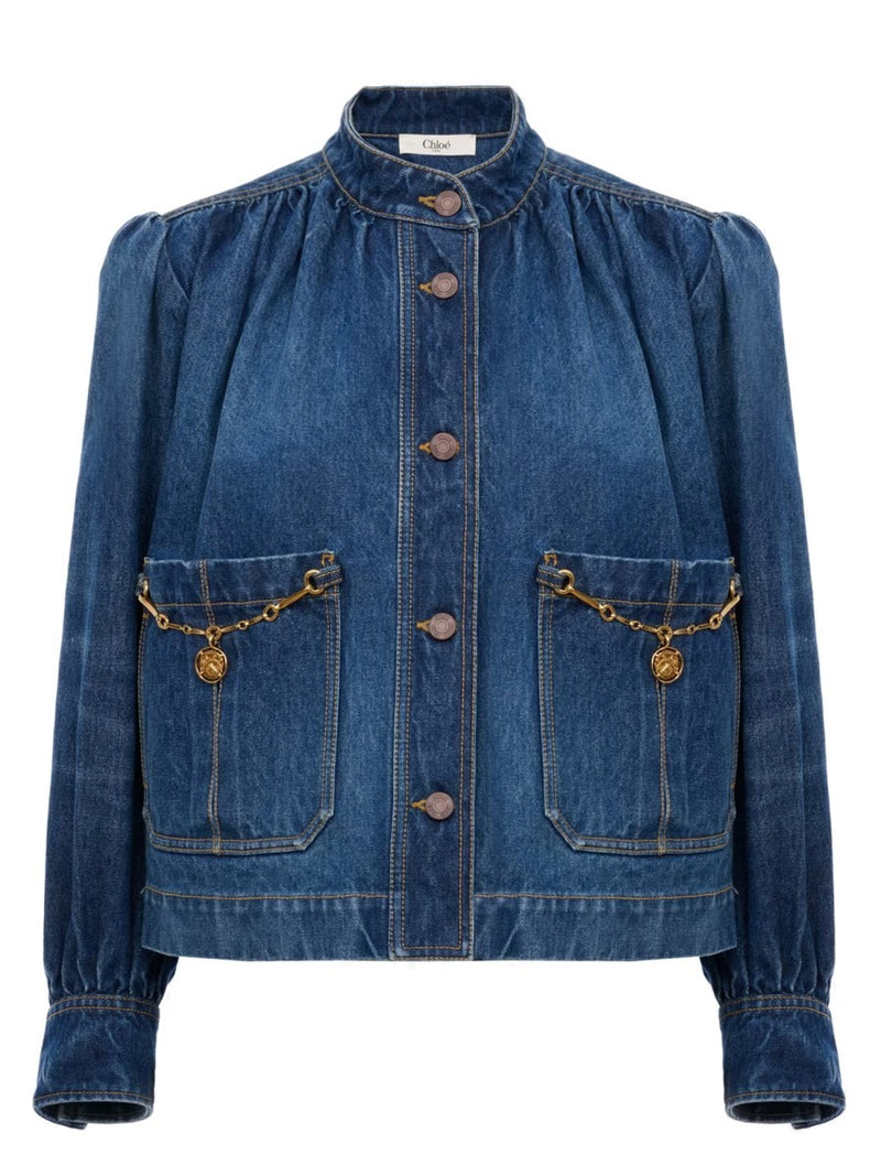 DENIM HIGH NECK GATHERED JACKET