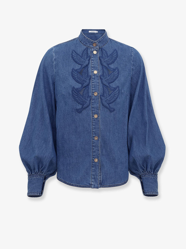 Denim shirt with cut-out embroidery
