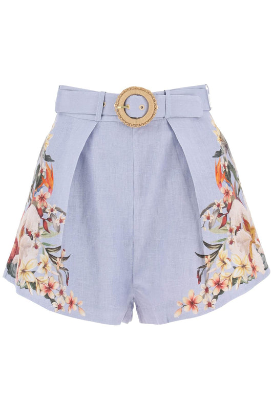 Zimmermann Lexi Tuck Linen Shorts With Floral Motif   Light Blue