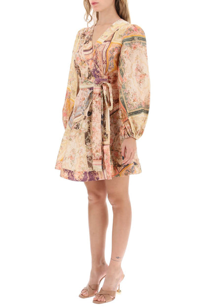 Zimmermann August Linen Short Wrap Dress   Multicolor