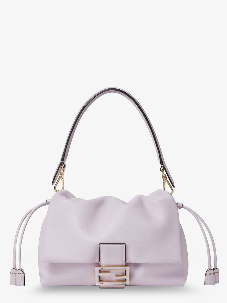 Le Loft De Paris lilac leather Fendi shoulder bag with gathered drawstring top and gold logo hardware.