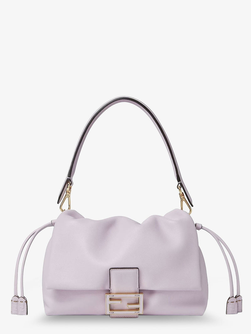 Le Loft De Paris lilac leather Fendi shoulder bag with gathered drawstring top and gold logo hardware.