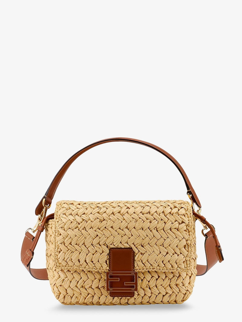 Le Loft De Paris FENDI woven straw shoulder bag with brown leather trim and signature logo hardware.