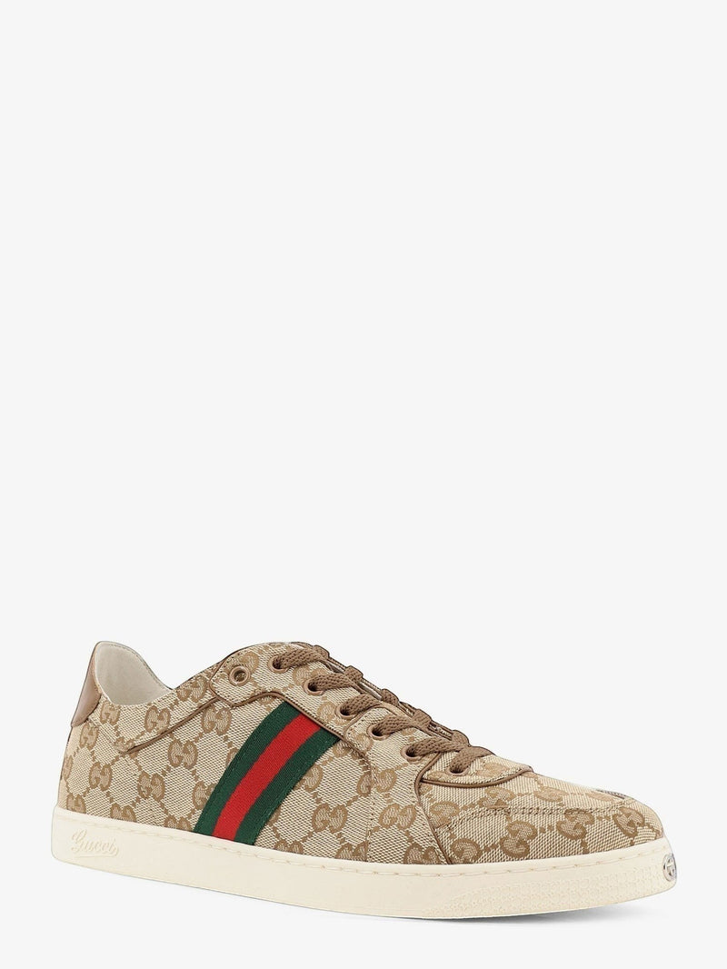 Le Loft De Paris stretch GG fabric sneakers with signature green and red web stripe and white rubber sole.
