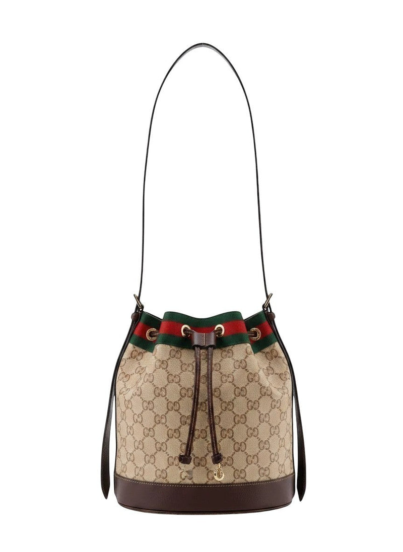 Le Loft De Paris Gucci Venice bucket bag in beige GG fabric with brown leather trim and signature Web stripe detail.