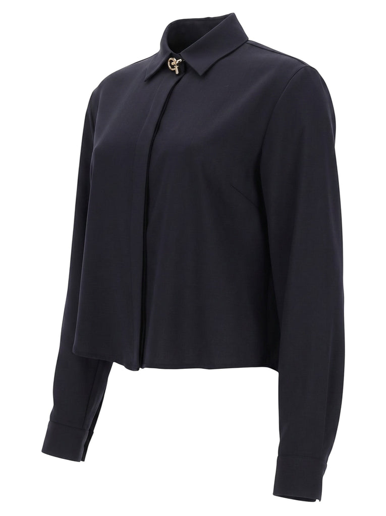 Le Loft De Paris navy long sleeve button down shirt with a gold metallic collar clasp and hidden placket.