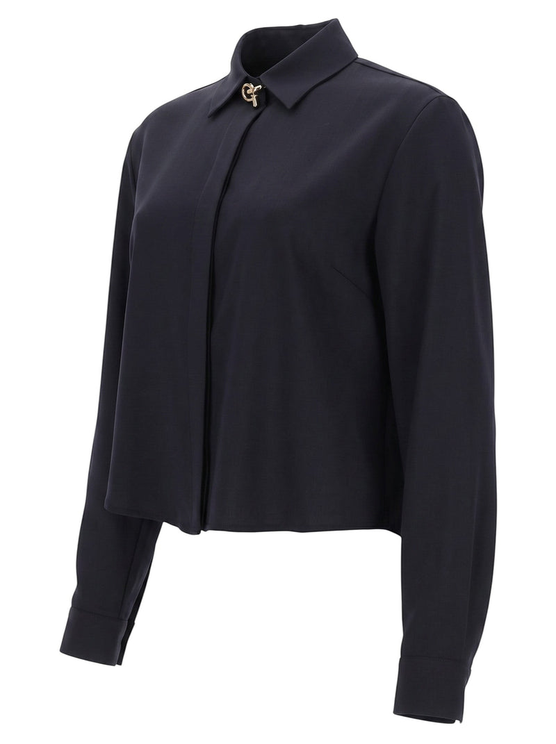 Le Loft De Paris navy long sleeve button down shirt with a gold metallic collar clasp and hidden placket.