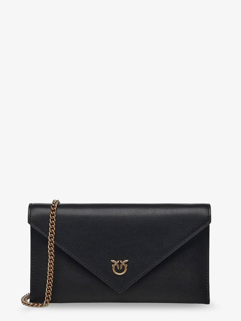 Leather clutch bag with metal Love Birds logo