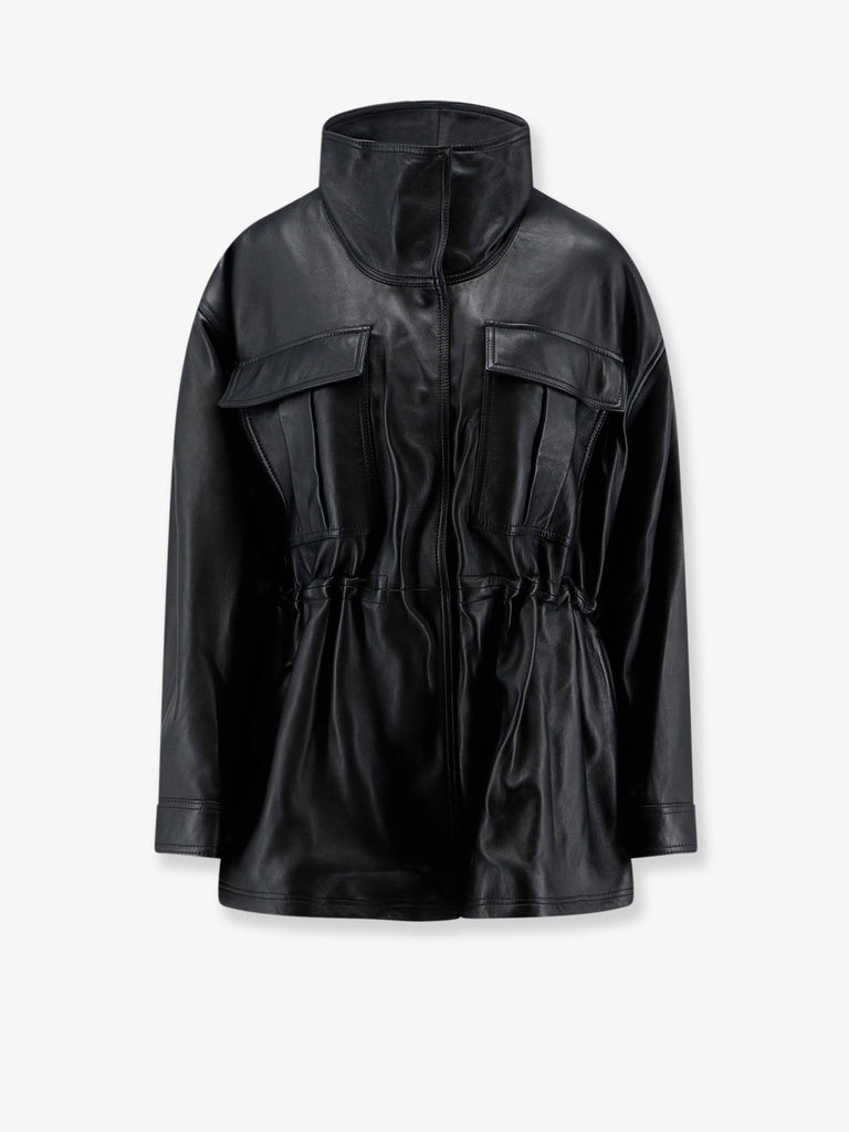 Leather jacket with adjustable drawstring waist