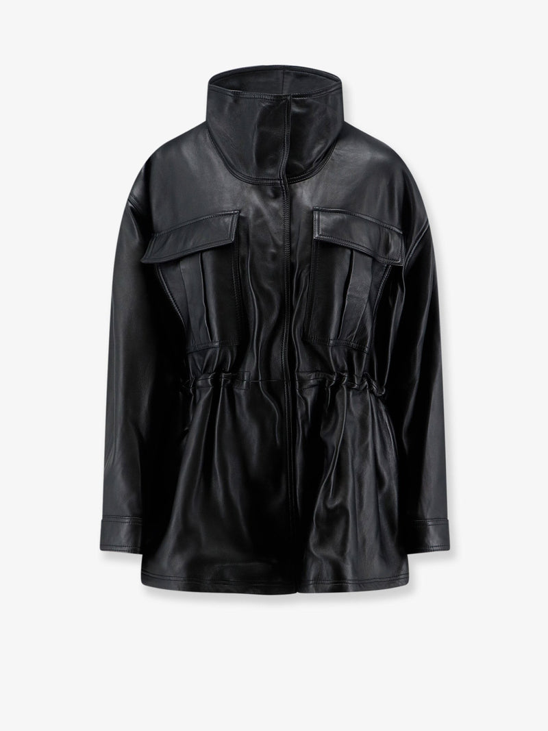 Leather jacket with adjustable drawstring waist