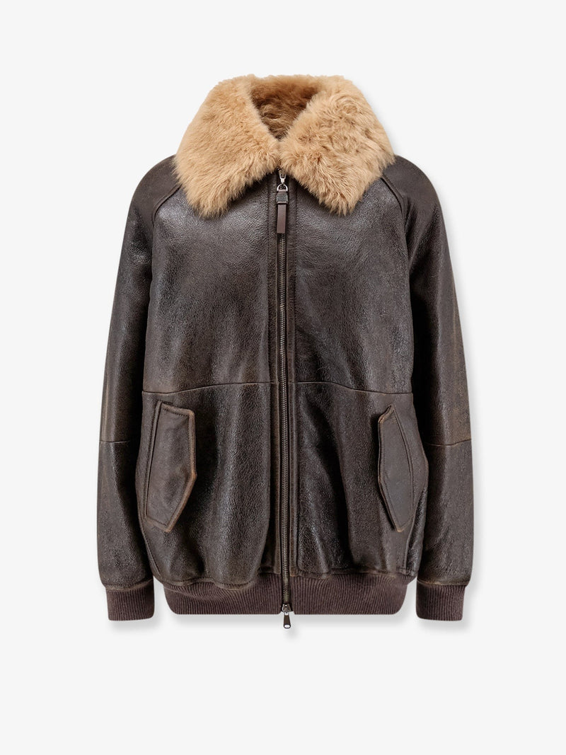 Leather jacket with shearling collar