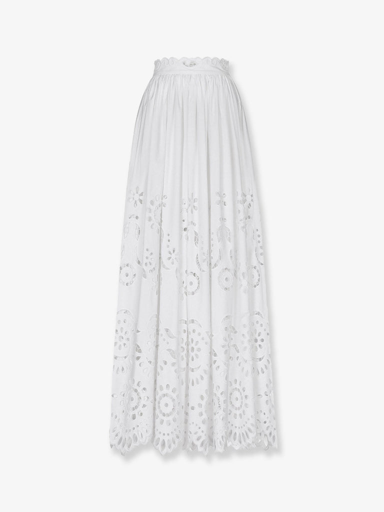 Long cotton poplin skirt with cut-out embroidery