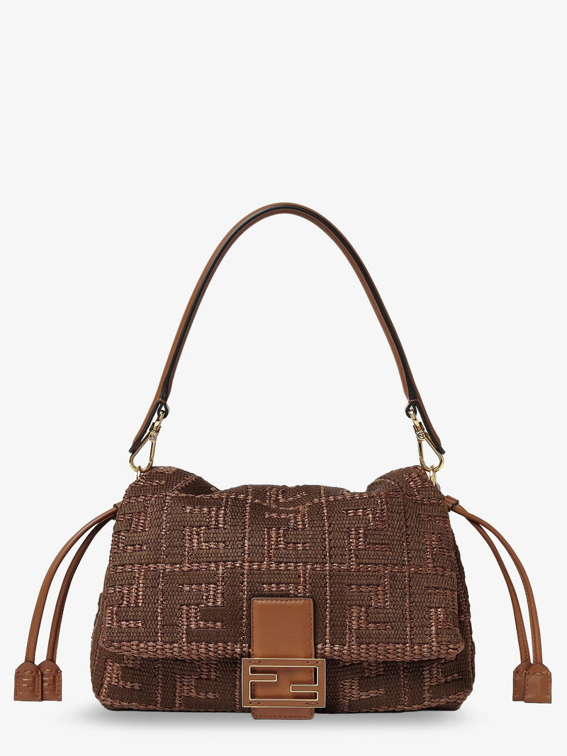 Mamma Baguette Medium Raffia Handbag with FF Embroidery