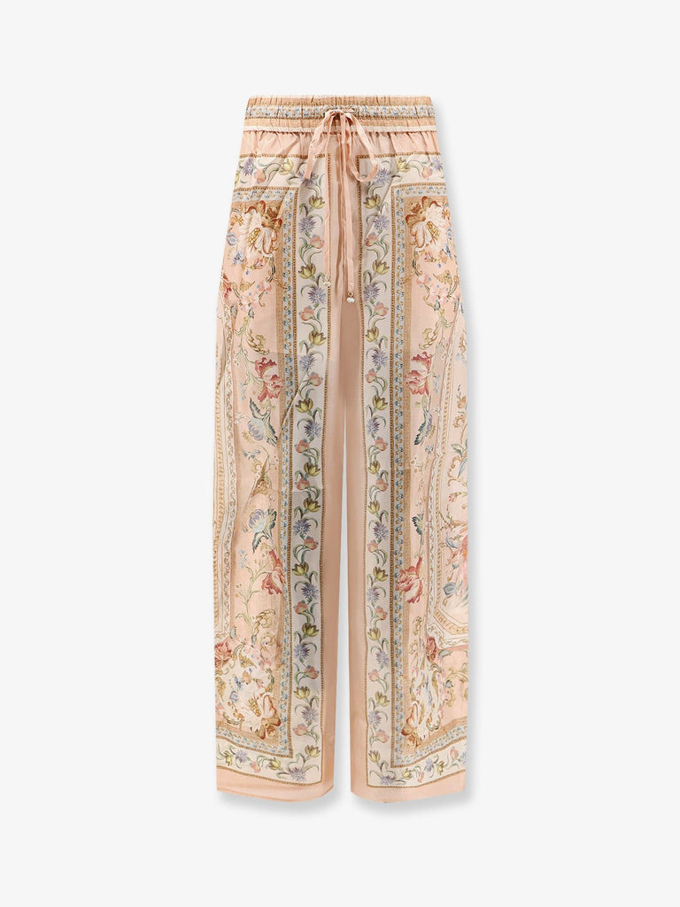 Roselight Silk Trousers with Pink Tapestry Floral Print