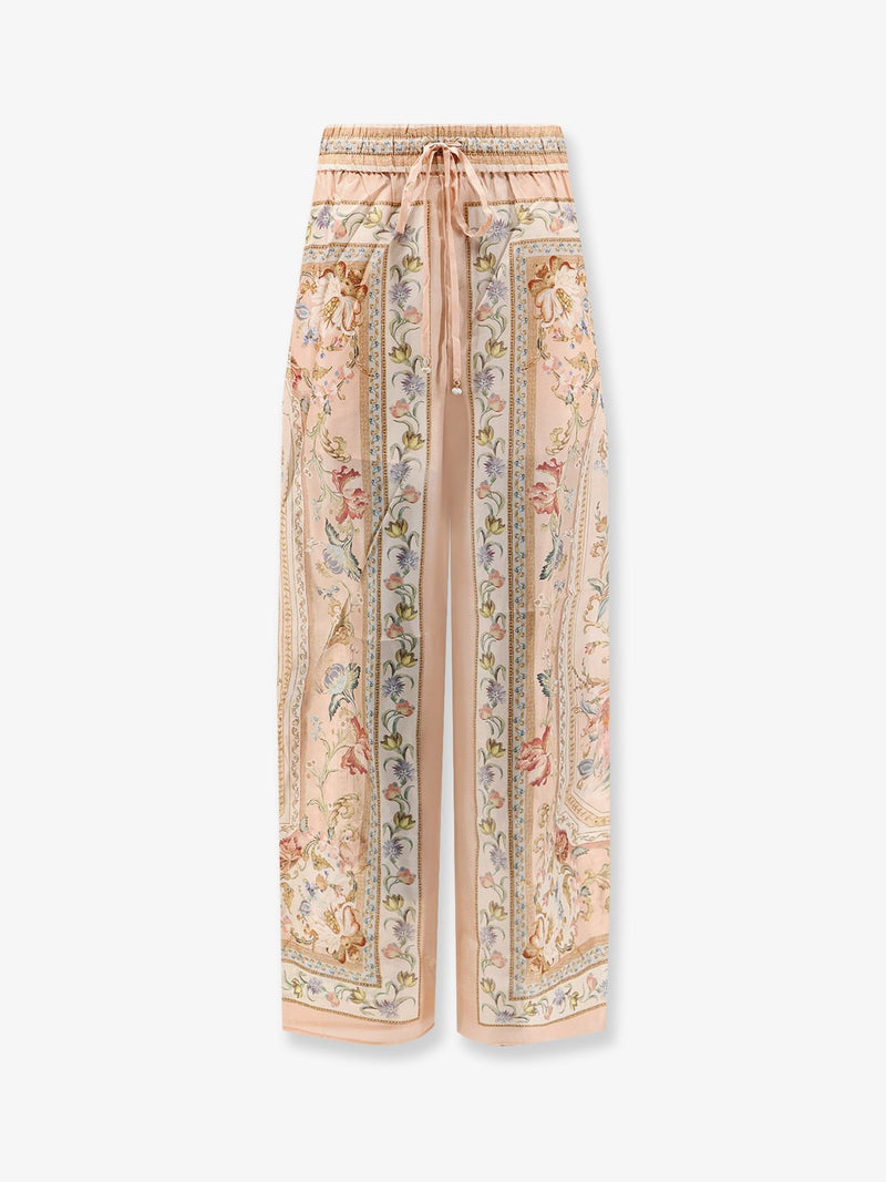 Roselight Silk Trousers with Pink Tapestry Floral Print