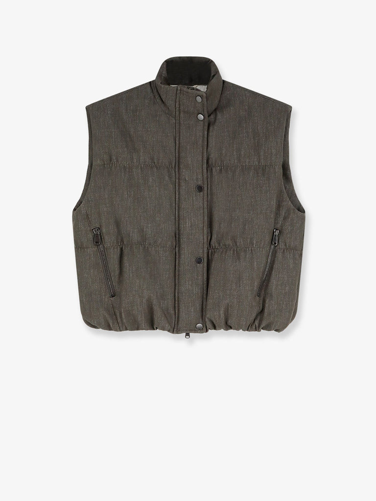Sleeveless effect twill-denim down jacket