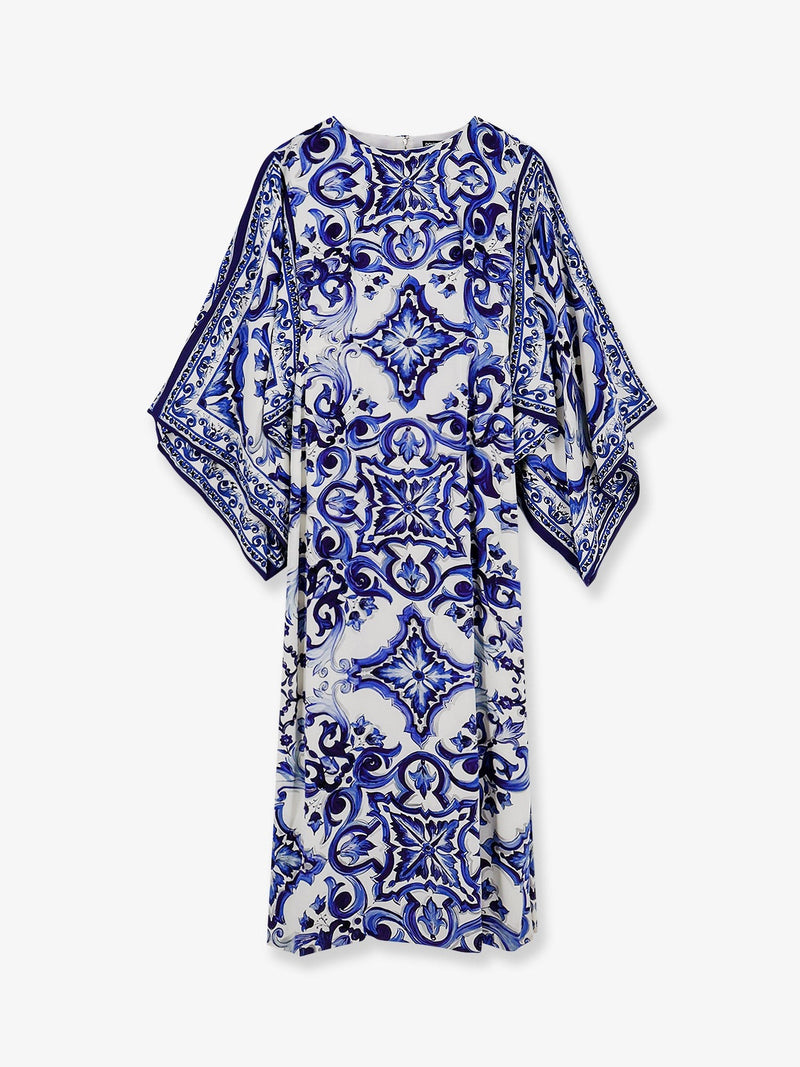 Stretch silk long dress with Maiolica print