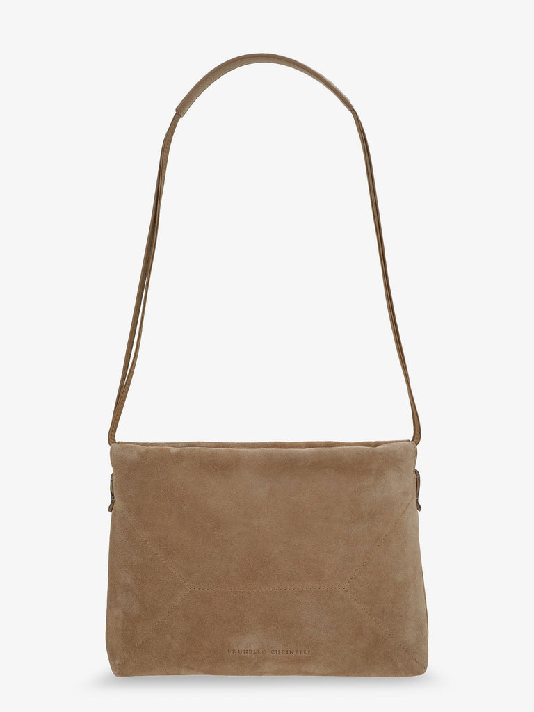 Suede shoulder bag with logo on the front