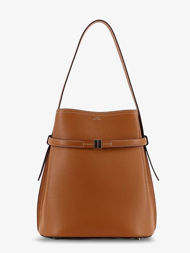 Textured leather bucket bag with frontal strap