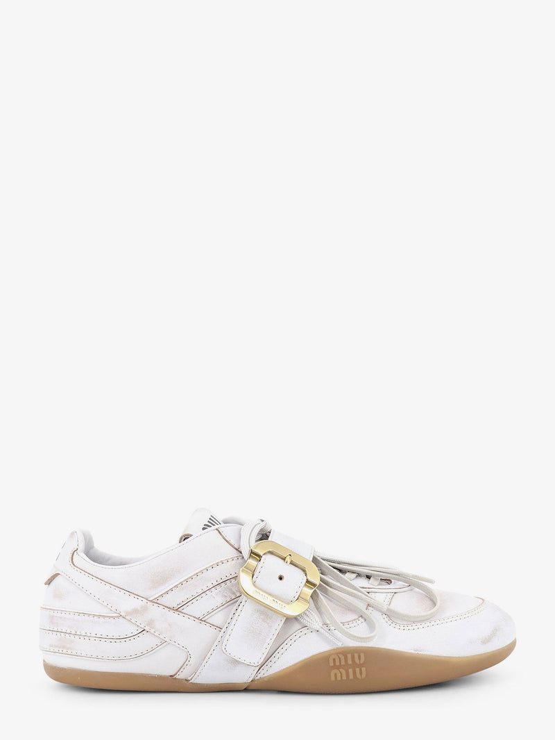 Used-effect leather sneakers with metal buckle detail